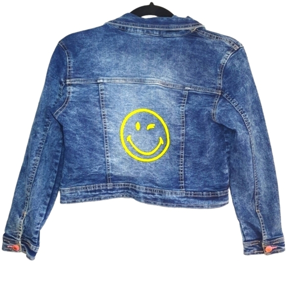 SMILEY WORLD Kids Cropped Punk Jean Trucker Jacket Yellow Smiley Face Girl Sz 12 - Picture 6 of 10